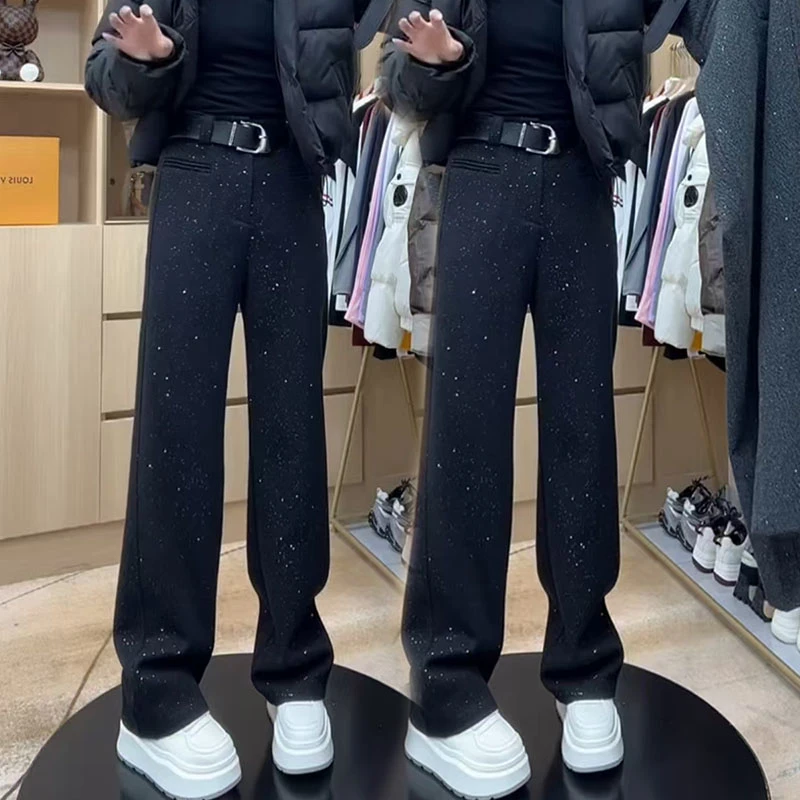 冬季星空拖地裤女时尚显瘦高腰直筒裤气质外穿百搭黑色阔腿裤女