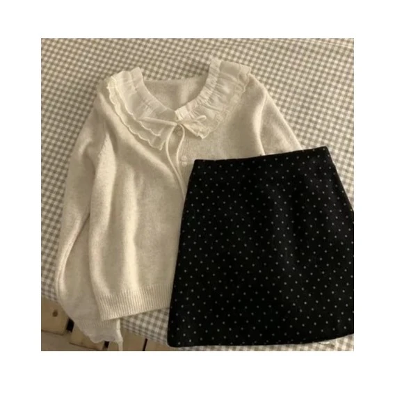 秋季温柔系穿搭女2024新款韩版减龄针织毛衣高腰波点半身裙两件套