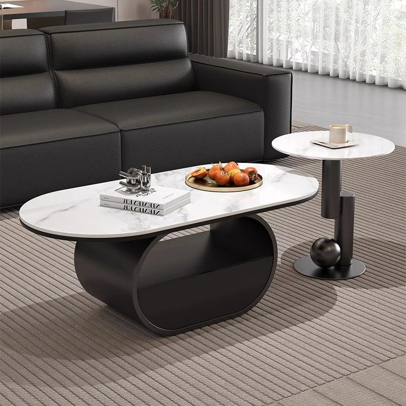意式椭圆轻奢风现代极简小户型客厅家用椭圆形带储物岩板茶几组合