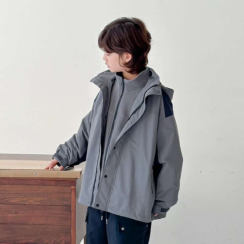 【现货】秋冬青少年中大童可拆卸拼色两件套连帽外套保暖2024冬开衫