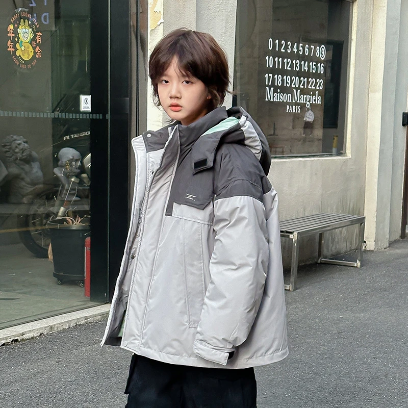 【现货】冬季中大童青少年连帽羽绒服保暖2024冬装加厚防风拼色外套