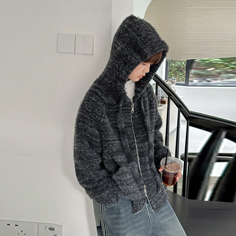 【现货】秋冬中大童青少年韩版加厚拉链连帽毛衣开衫2024男童针织衫