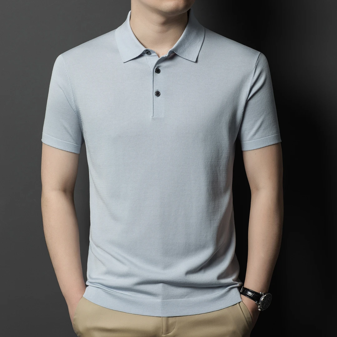 新款夏季高级感含莱赛尔翻领polo衫针织简约轻熟纯色翻领短袖男潮