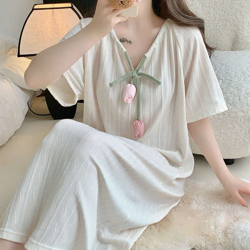 睡衣女款夏季短袖纯棉甜美可爱郁金香公主风宽松中长款睡裙家居服