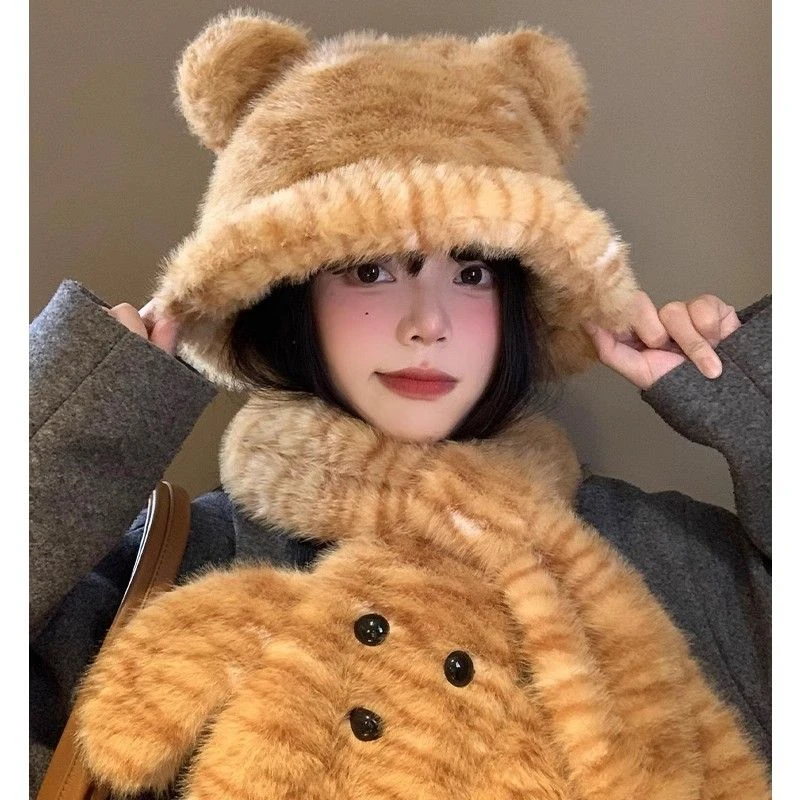 可爱虎纹小老虎渔夫帽女秋冬季卡通保暖防寒毛绒绒帽子护颈围脖