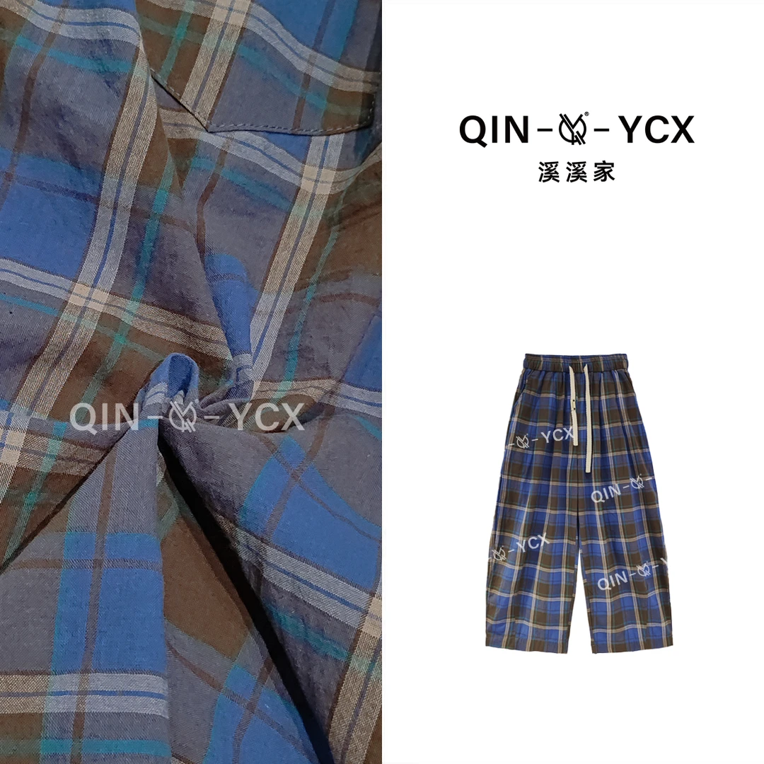 溪溪家-冰摩卡韩系棉麻格子裤