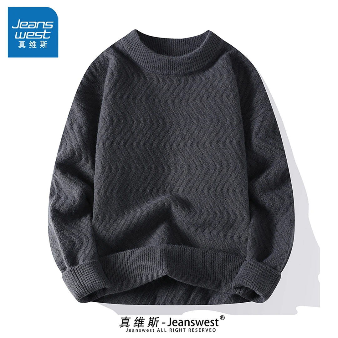 Jeanswest/真维斯毛衣男士冬季外套2023新款加厚纯色圆领针织衫潮