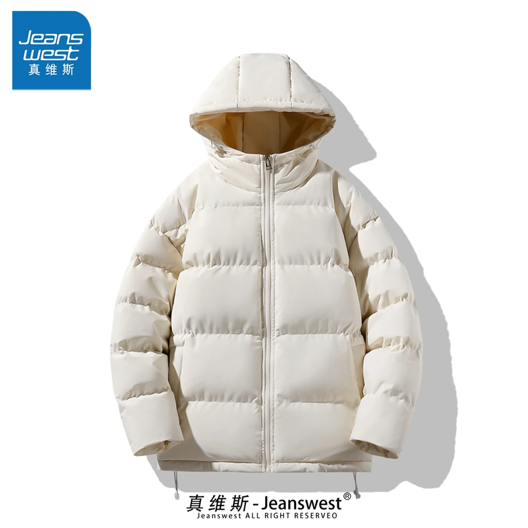Jeanswest/真维斯棉衣男士冬季加厚外套纯色简约百搭保暖连帽棉服