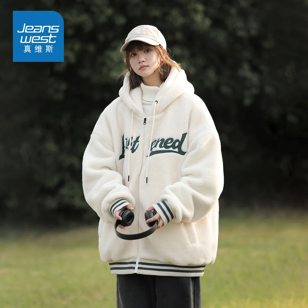 Jeanswest/真维斯羊羔毛棉衣男女2023冬新款美式休闲加厚保暖外套