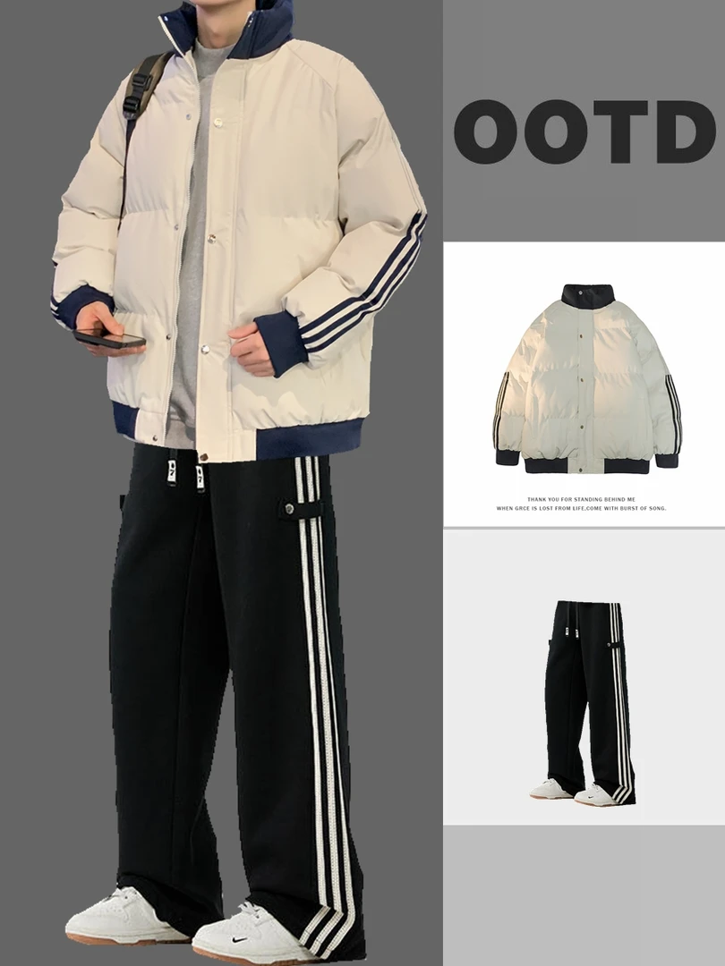 冬季新款港风条纹立领棉服男士百搭保暖加厚棉衣宽松潮流休闲外套