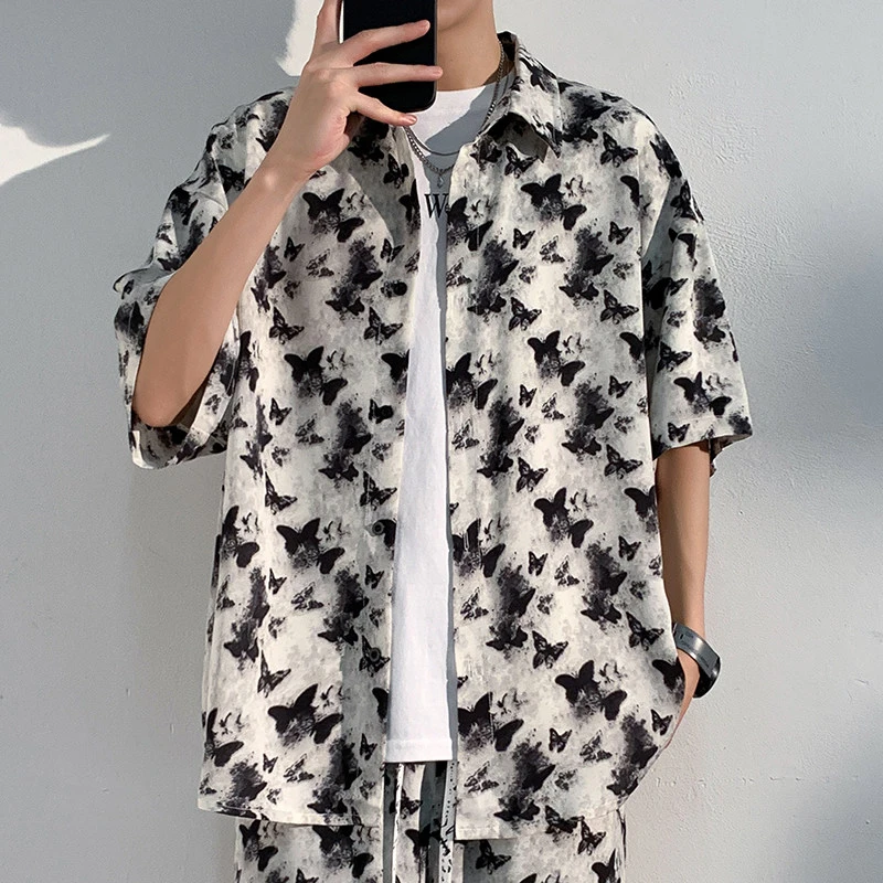 冰丝蝴蝶短袖衬衫夏季痞帅大码五分袖衬衣男士宽松潮流休闲上衣