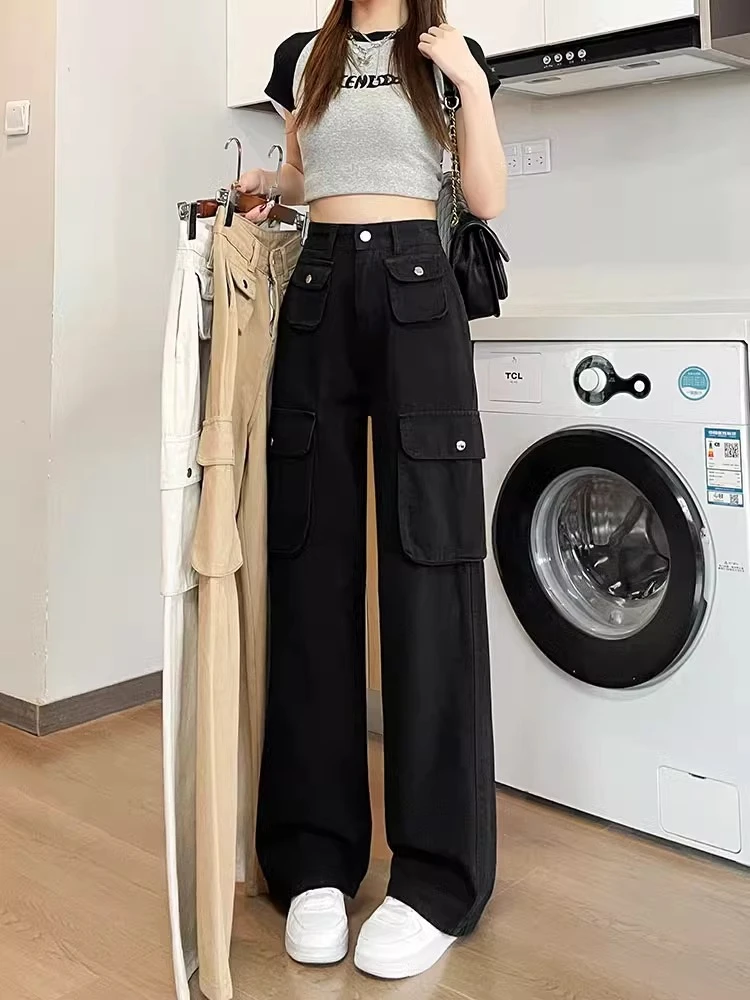 纯棉美式黑色工装裤女秋冬2024新款小个子高腰直筒休闲牛仔阔腿裤