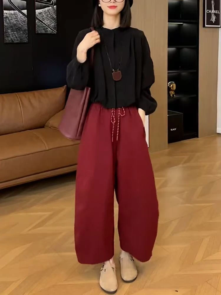 早秋穿搭一整套简约纯色长袖圆领短款衬衫女高腰宽松休闲显瘦长裤