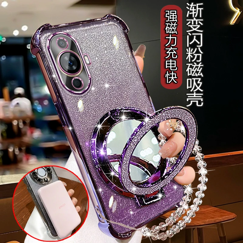 防摔华为Nova12活力版手机壳全包镜头FIN-AL60闪粉软壳带镜子支架