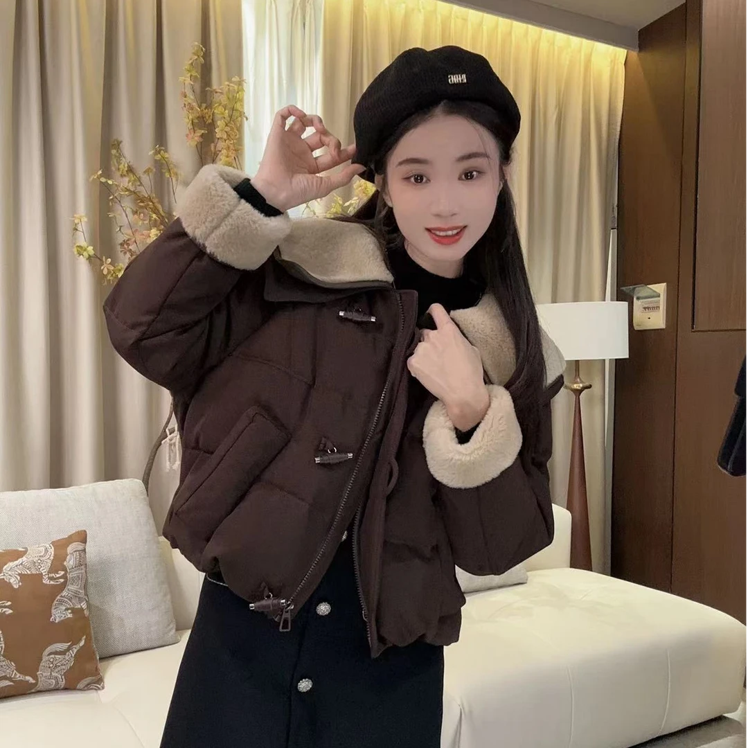 碧高作品 大翻领短款加厚保暖磨砂皮毛外套