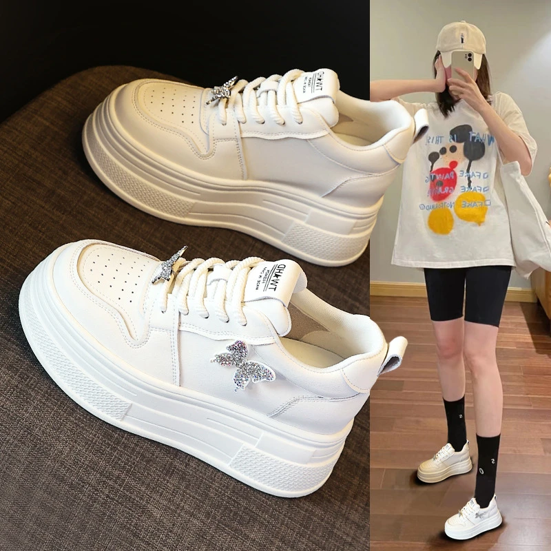 内增高厚底小白鞋女2024年夏秋季透气时尚蝴蝶松糕休闲鞋