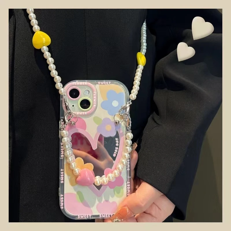【耀选好物】泡芙镜面爱心手机壳+手工短链+斜挎链时尚创意