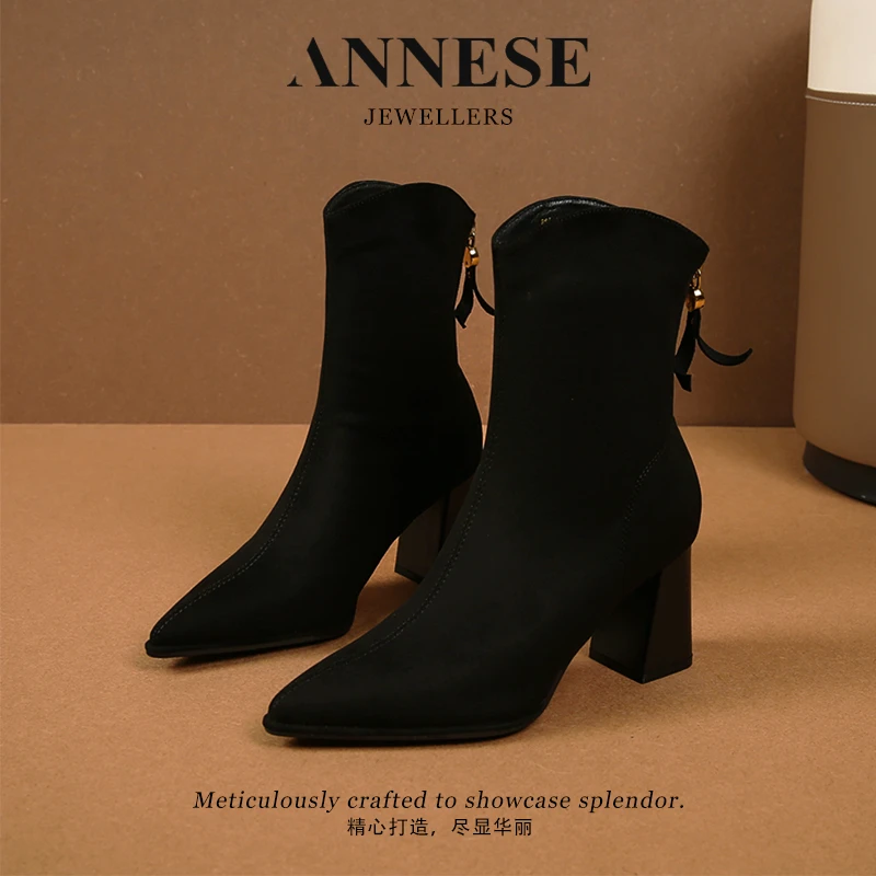 【火火】2024新款马丁靴经典绒面粗跟后拉链短靴-XZ0002