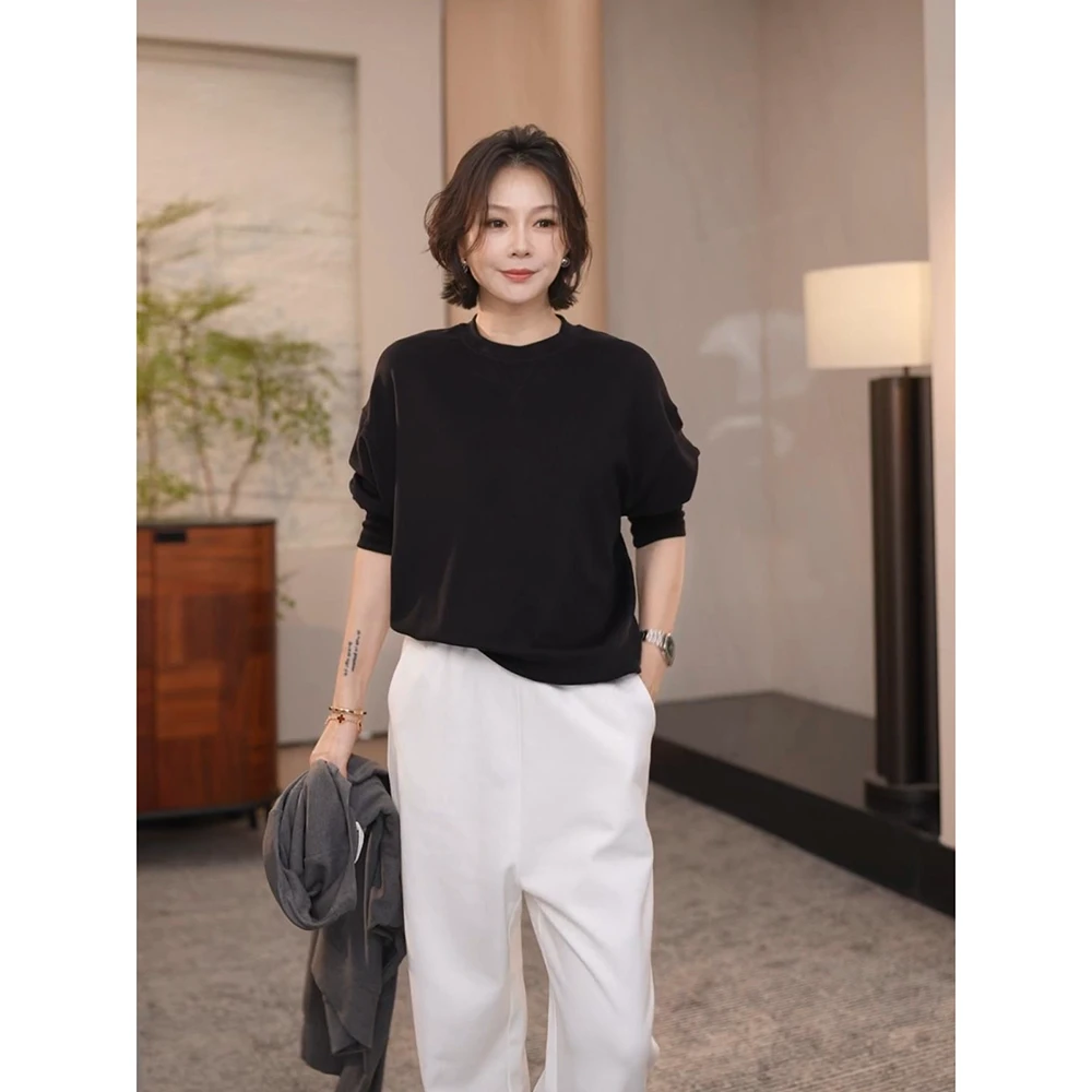 SHIIEELL纯色极简圆领套头卫衣女秋季新款宽松上衣 W1089