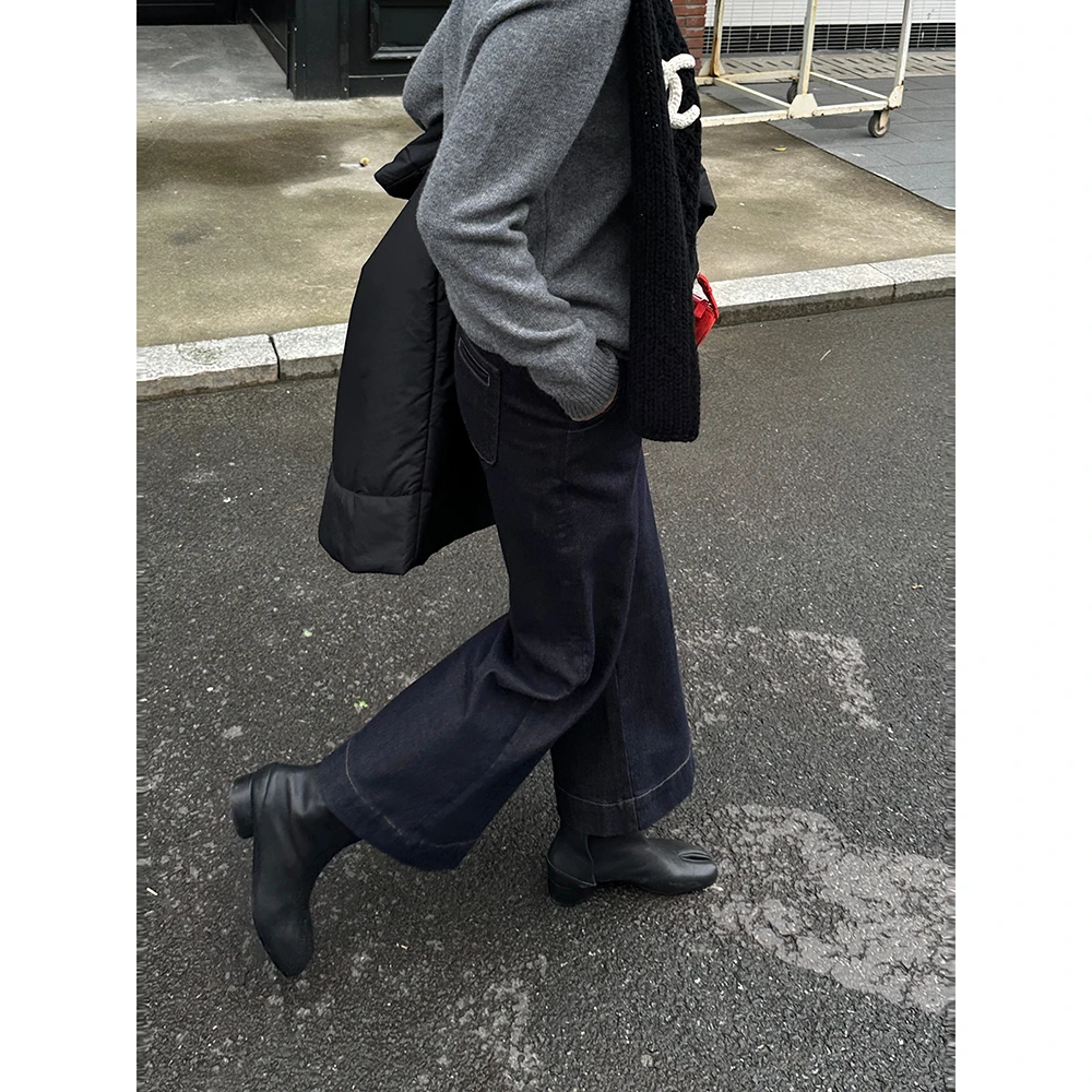 SHIIEELL复古莱卡蓝高腰直筒阔腿牛仔裤Z9039