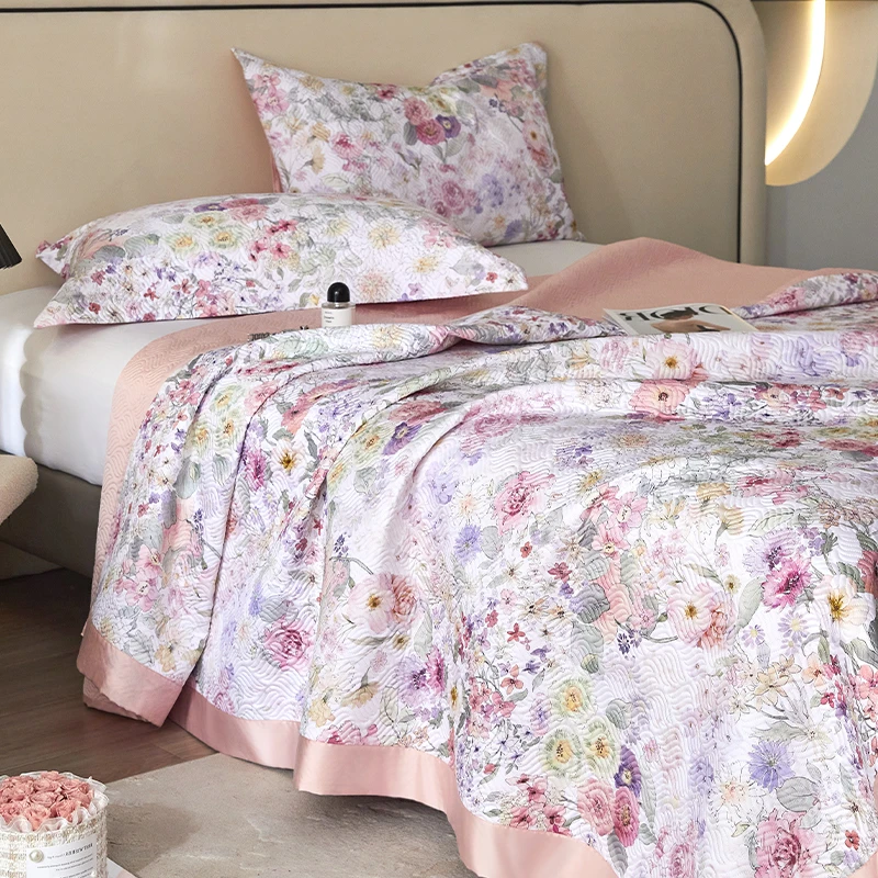 【林小花】绮梦- 高档莱赛尔纤维透气小清新印花绗缝床盖三件套凉席