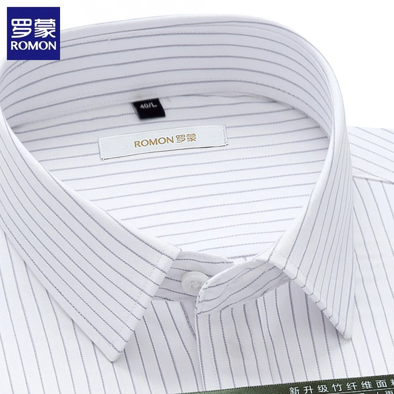 罗蒙白色条纹中年商务衬衫男款休闲宽松长袖轻奢男士抗皱修身衬衣
