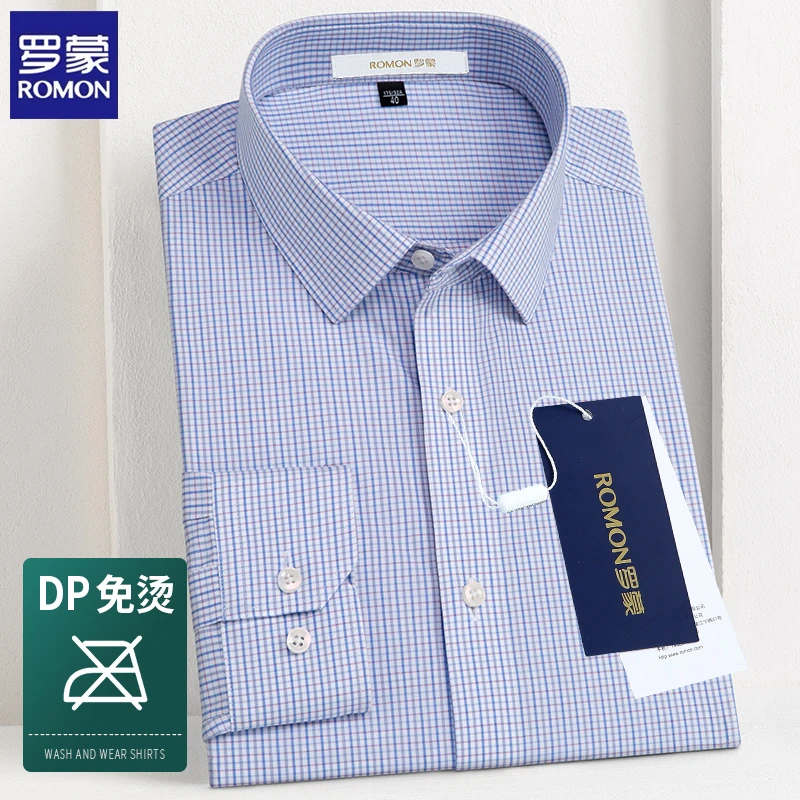 罗蒙秋季男士高档大码格子纯棉DP免烫长袖白衬衫高级感休闲衬衣潮