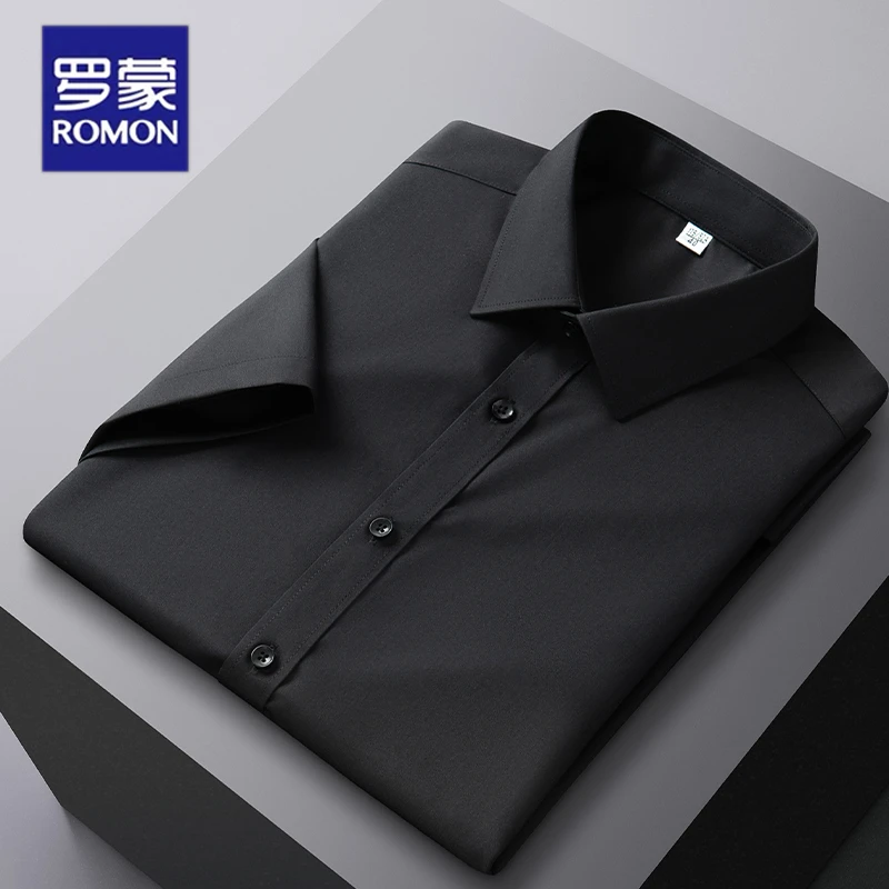 罗蒙黑色衬衫短袖商务大码休闲高档商务高级感男士轻奢职业衬衣男