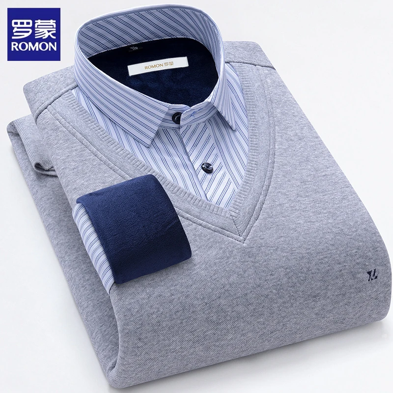 罗蒙秋冬男士高品质毛衣男款爆款2025新款加绒衬衫领假两件针织衫