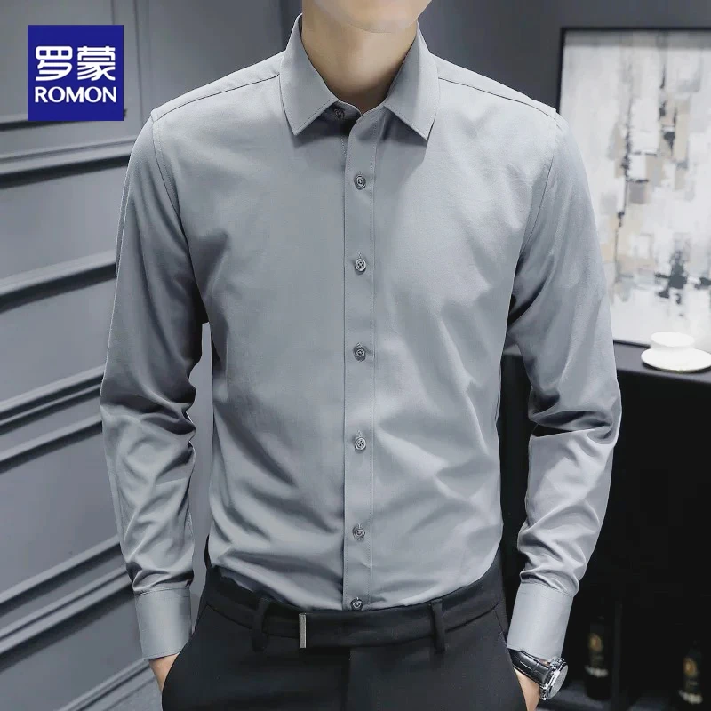 罗蒙灰色男士秋季行政新款中年商务长袖衬衫透气竹纤维长袖衬衣