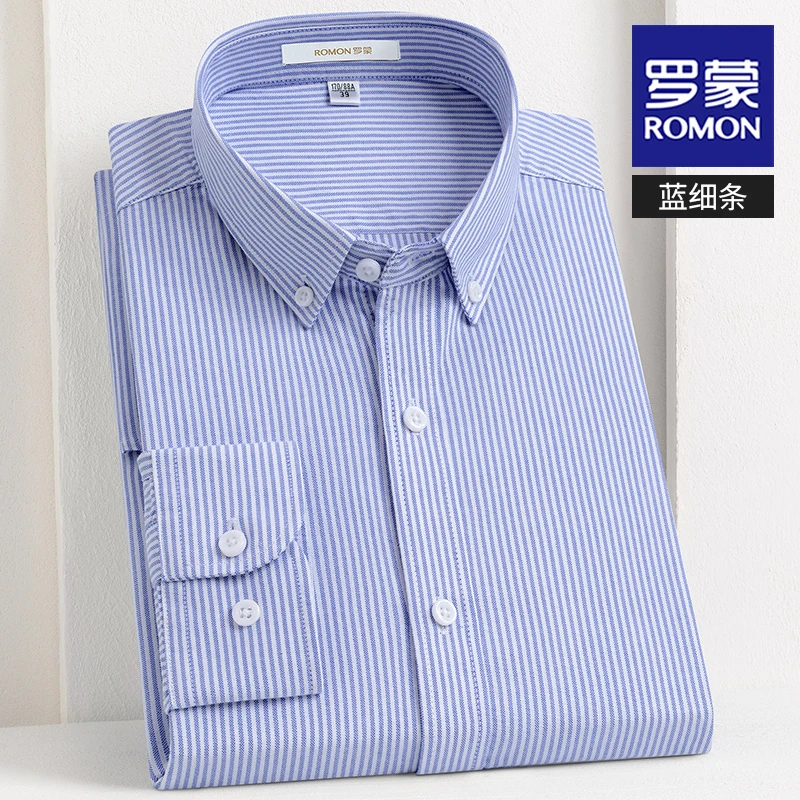 罗蒙100%纯棉牛津纺休闲衬衫长袖高级感轻奢百搭男士条纹衬衣外套