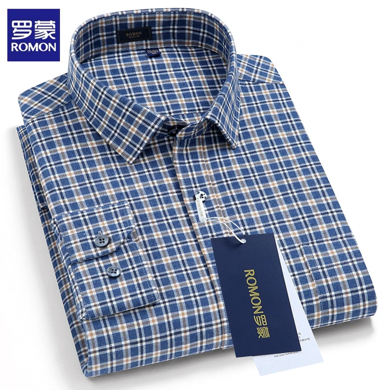 罗蒙男士纯棉长袖格子商务衬衣中老年高级感爸爸外穿休闲衬衫外套
