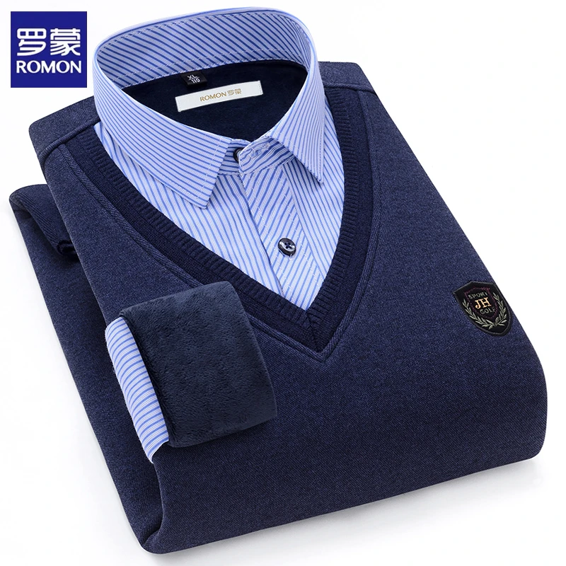 罗蒙高档加绒条纹衬衫毛衣加厚假两件保暖假两件衬衫男针织打底衫