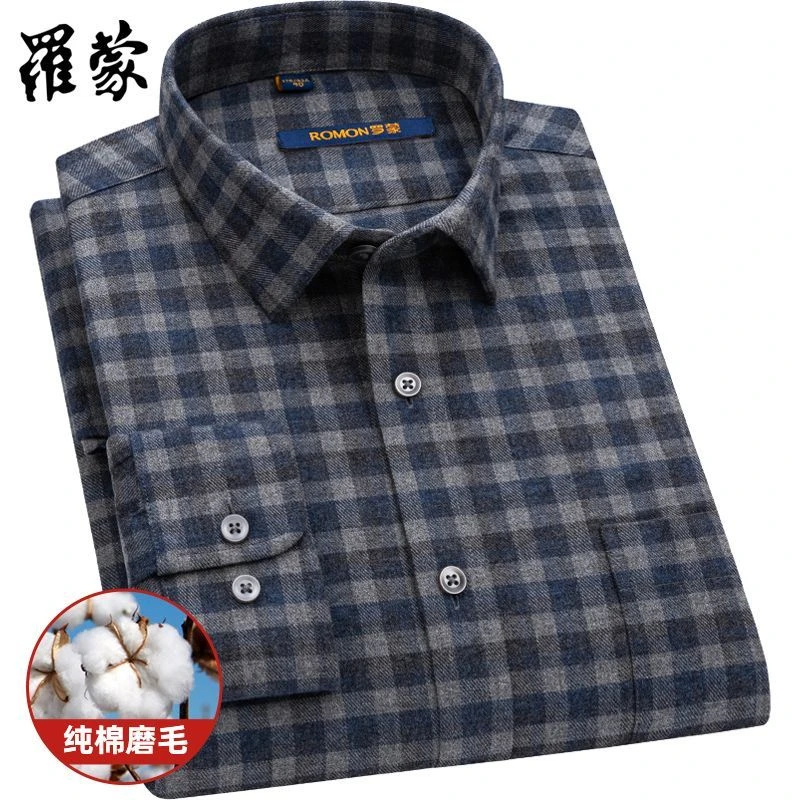 罗蒙休闲春款舒适100%全棉长袖衬衫中年男士长袖高档纯棉格子衬衣