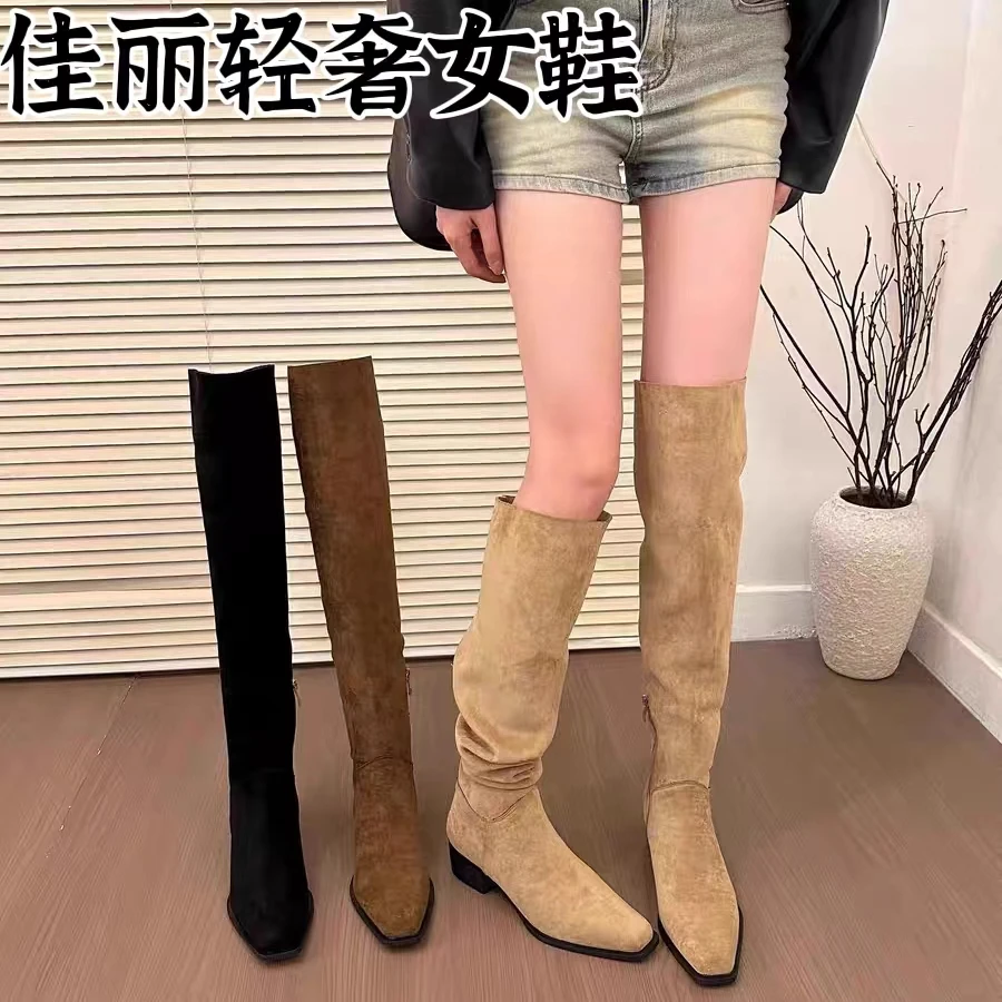 西部牛仔尖头高跟长靴复古绒面粗跟堆堆靴女秋冬高级感显瘦过膝靴