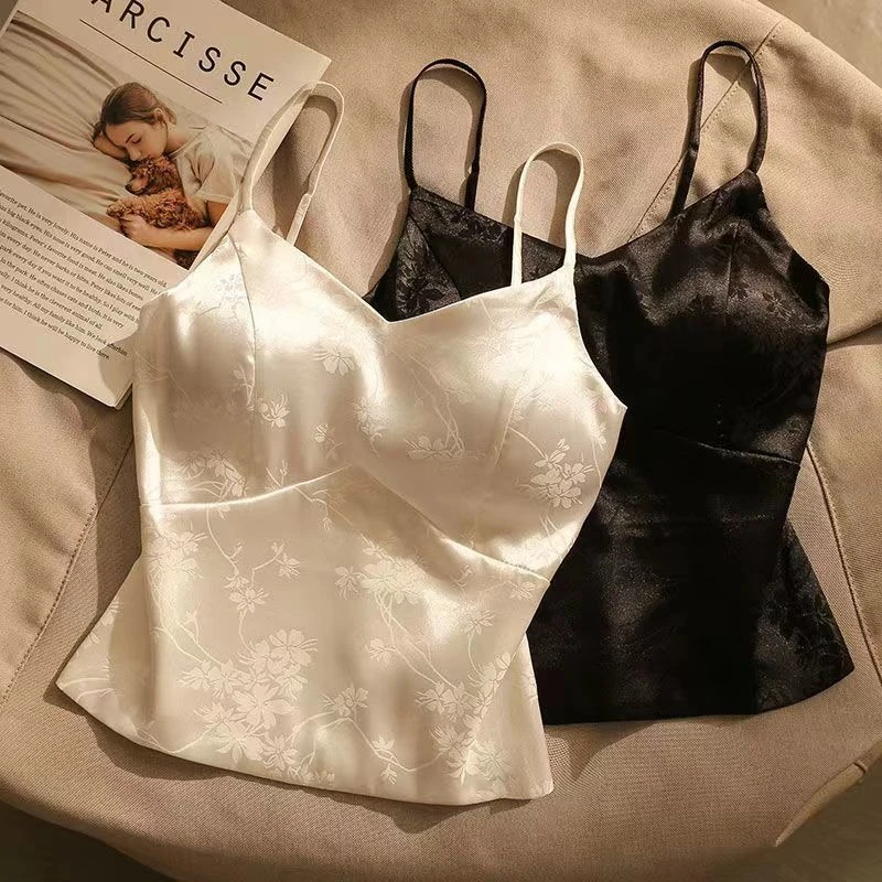 提花缎面小吊带背心内搭外穿打底上衣高级感中式国风美背免穿内衣