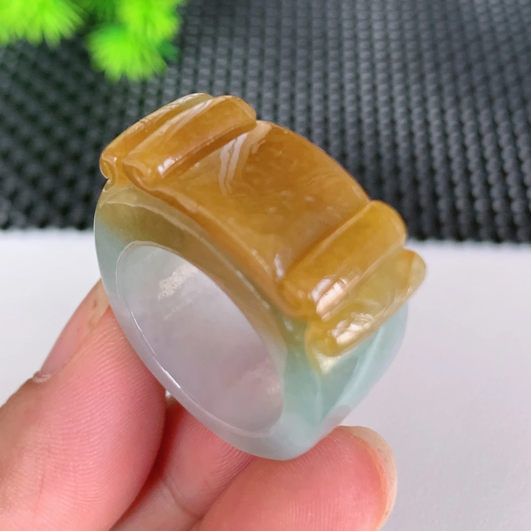 翡翠戒指天然翡翠A货冰润黄翡黄色双彩马鞍戒指扳指内径20-12-3.6