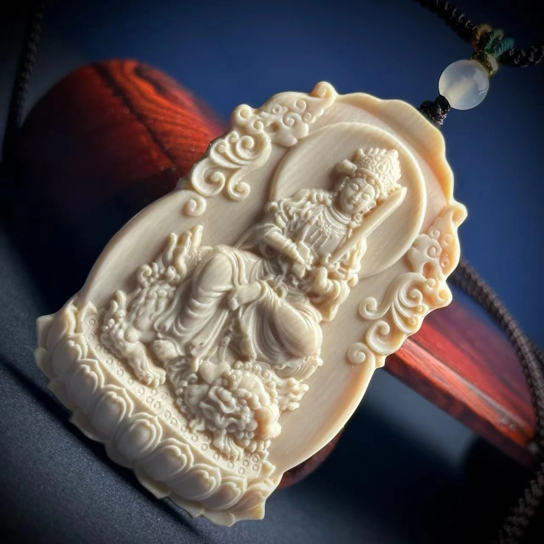 K2996天然猛犸牙461无事牌雕刻守护神文殊菩萨 兔