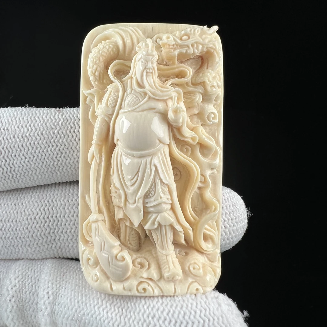H1382天然猛犸牙 雕刻牌关公30*52.8*14mm支持鉴定 假一罚四