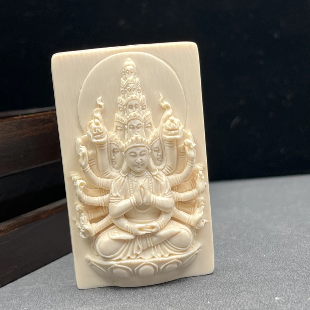 H2758 天然猛犸牙 雕刻千手牌39*64*16mm支持鉴定 假一罚四