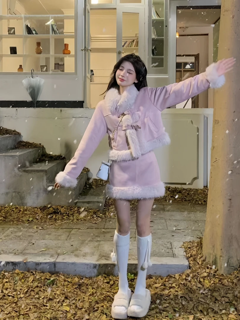 美拉德法式套装女仿麂皮绒拼接长袖外套骑行秋冬包臀裙短裙两件套