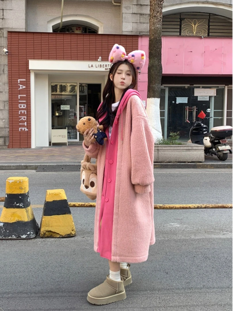 假两件连帽拼接骑行外套女装冬季韩版2024新款设计感加绒加厚大衣