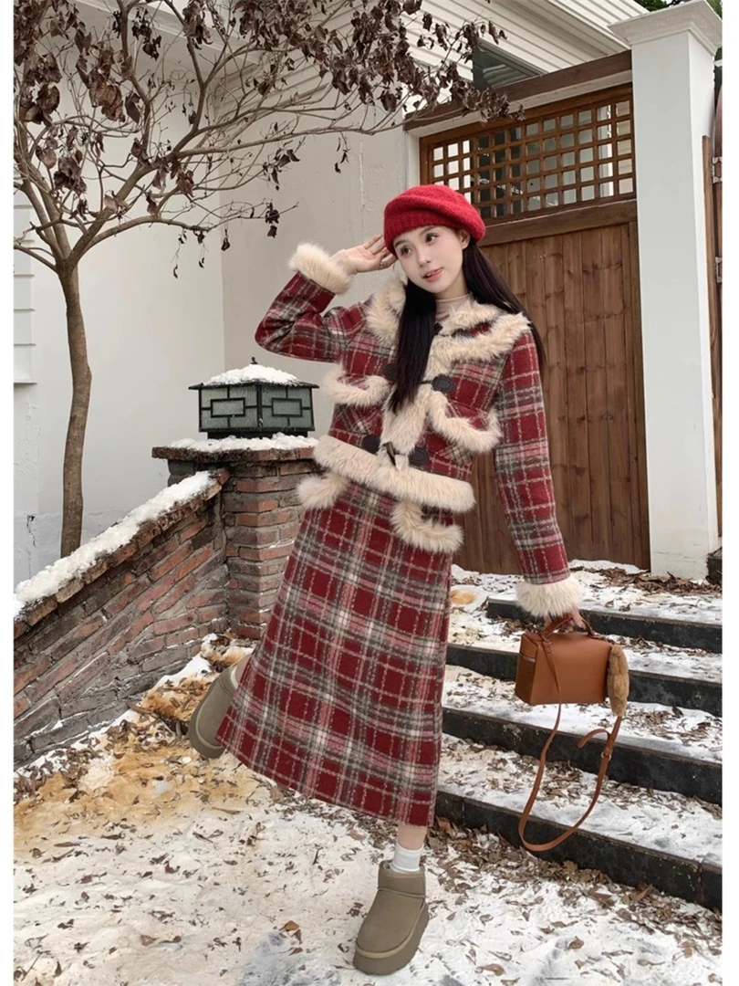 新年小香风格纹毛毛拼接长袖外套中长款半身裙秋冬2024新款骑行套