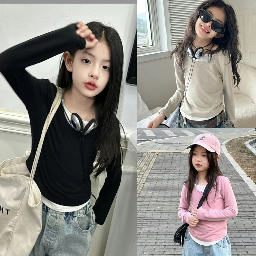 女童春秋新款儿童假两件中大童弹力拼色长袖棉t恤女孩百搭打底衫