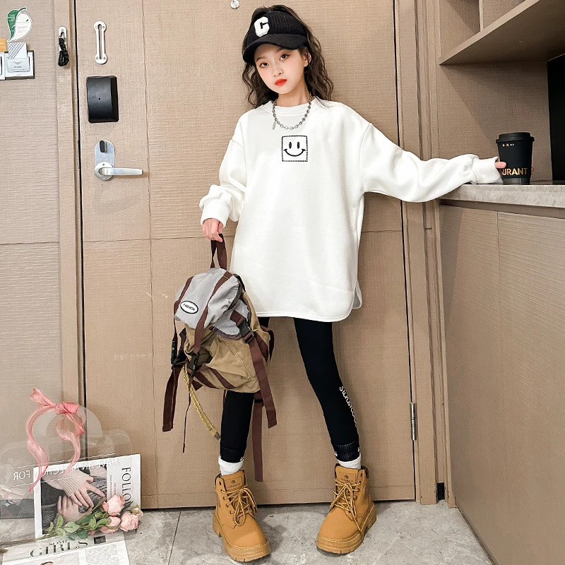 女童长袖t恤春秋季中大童洋气打底衫中长款宽松百搭纯棉白色上衣