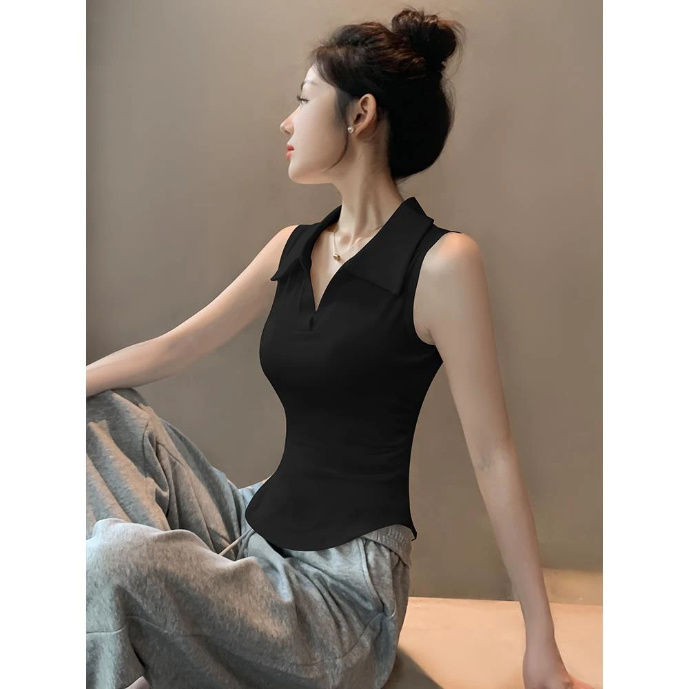 深绿色polo领弧形不规则吊带背心女2025新款夏季紧身收腰无袖上衣