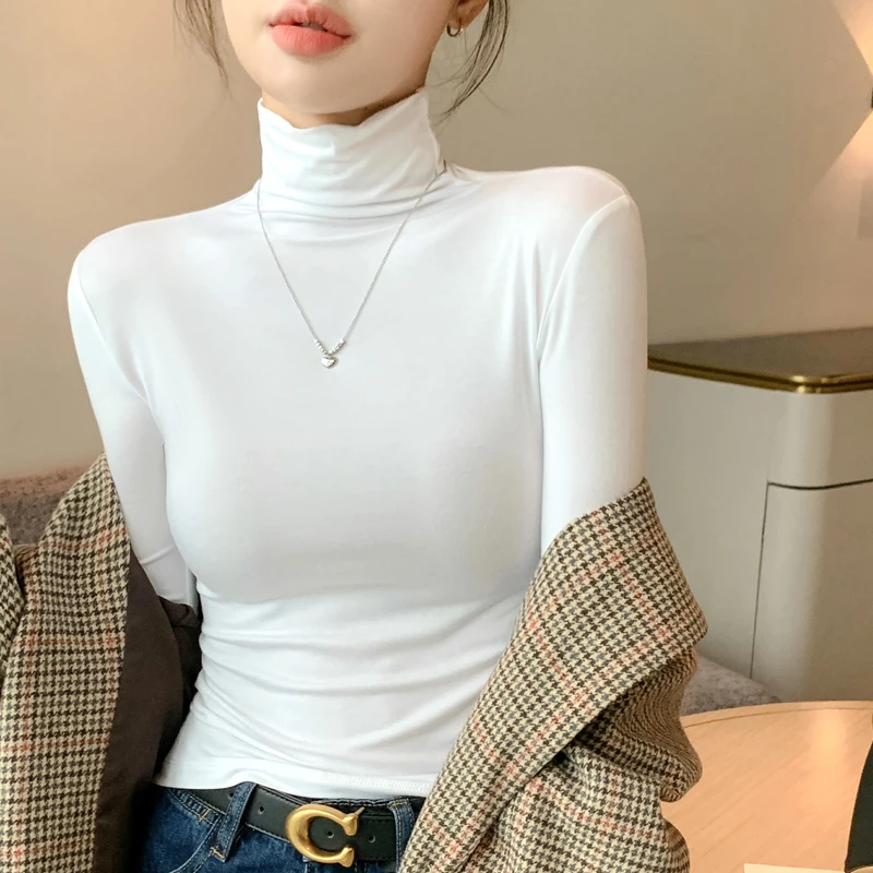 莫代尔高领打底衫秋冬内搭加绒长袖T恤白色修身加厚保暖百搭上衣