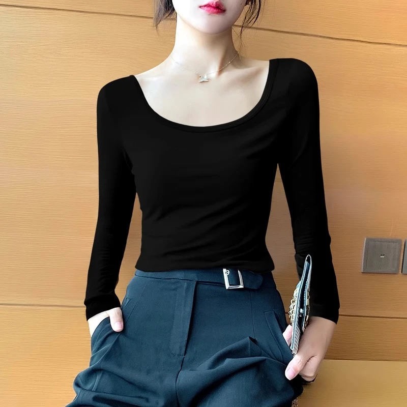 低领打底衫女内搭秋冬长袖t恤大领口修身百搭春款u领上衣春秋款女