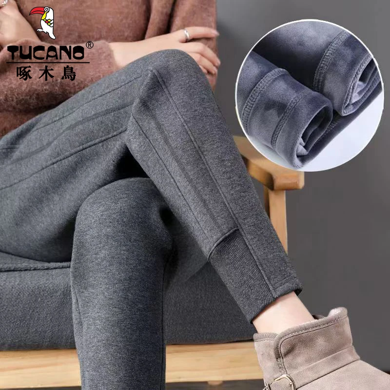 啄木鸟超柔绒女裤加绒加厚棉裤外穿运动裤束脚显瘦高腰哈伦裤子