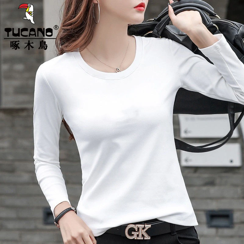 啄木鸟精梳棉纯色圆领打底衫长袖t恤2025春秋内搭简约百搭上衣女